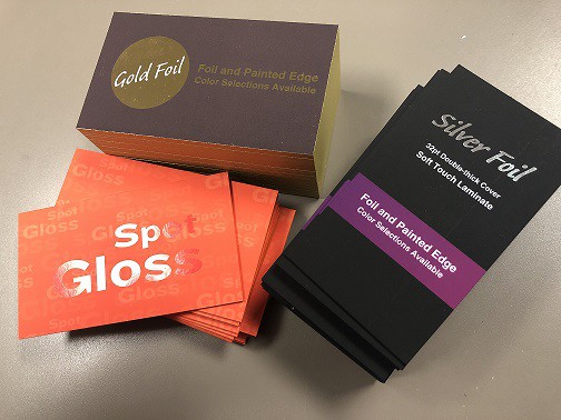 Foil and satin card samples from Printforce for printing projects.