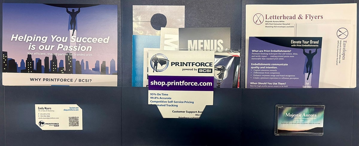 Printforce marketing and sales support materials for business branding.